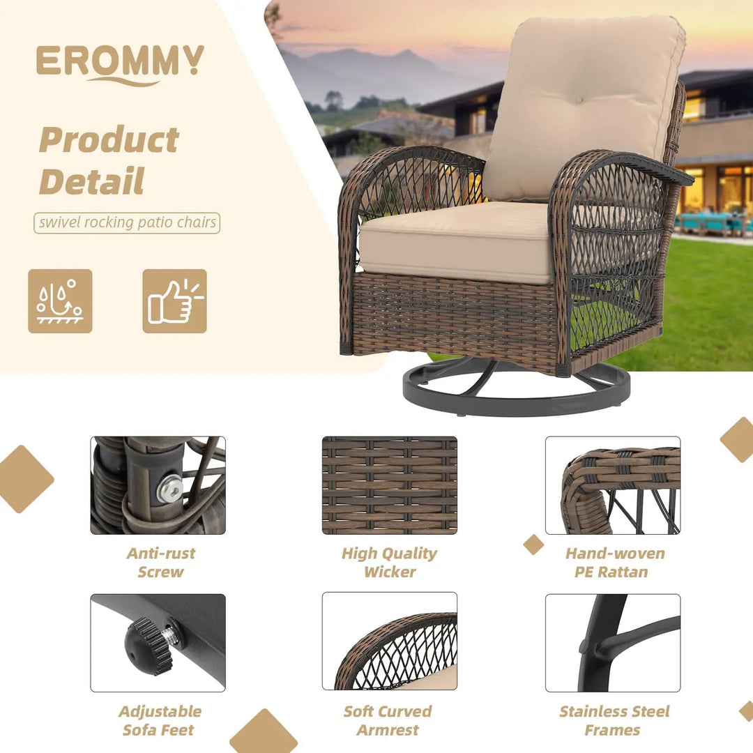 3 Pieces Patio Furniture Set, Outdoor Swivel Rocker Patio Chairs, Wicker Patio Bistro Set with Rocking Chair, Thickened Cushions