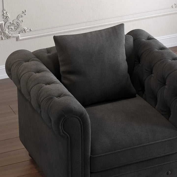 Vintage-Style Comfortable Button-Tufted Chesterfield Club Chair with Rolled Arms and Pillow for Living Room