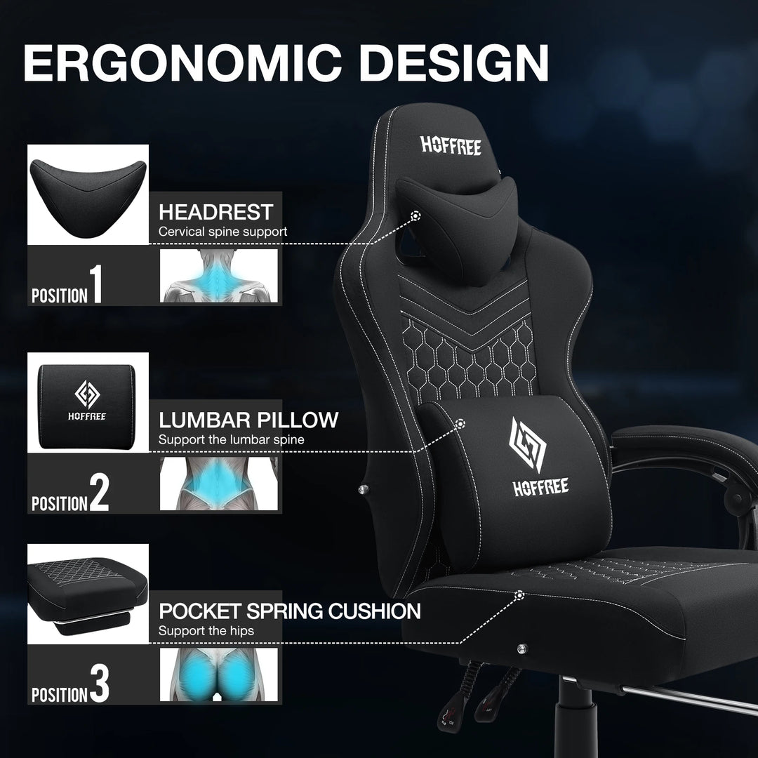 Breathable Gaming Chair With Lumbar Cushion Bluetooth Speaker Dual Function Point Massage Height Adjustable Office Computer Chai