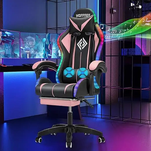 Pink Gaming Chair with Speakers and Led Lights Massage Video Game Chair with Footrest Reclining Computer Gaming Chair for Girls