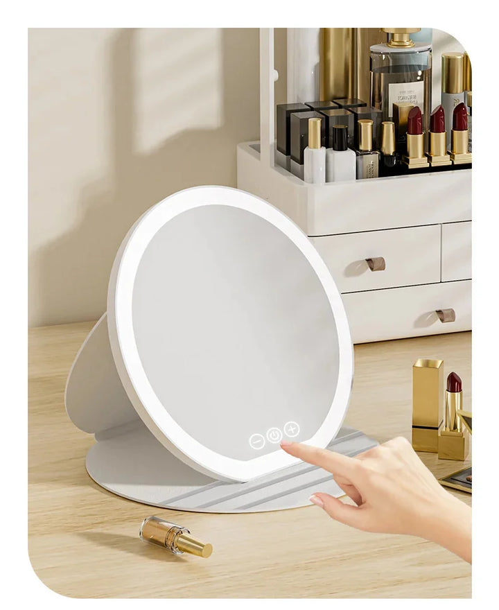 3 Colors Dimmable LED Makeup Mirror With Touch Screen Fold Cosmetic Makeup Mirror Rechargeable Tabletop For Travel & Home Use