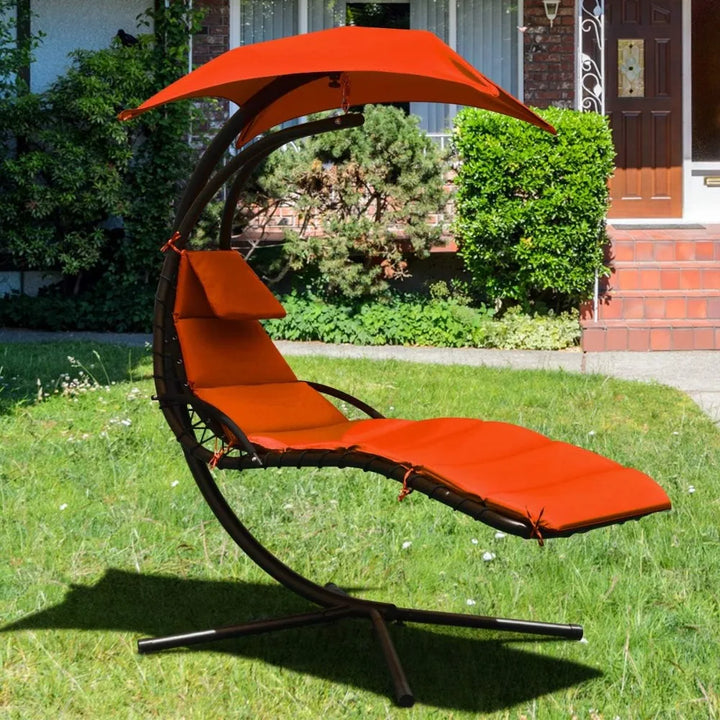 Hanging Chaise Lounger Chair, Arc Stand Porch Swing Chair W/Canopy, Cushion Built-in Pillow, Freestanding Swing Hammock Chair