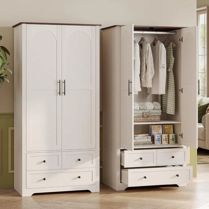 Wooden Wardrobe Closet,Versatile Storage Armoire Wardrobe Closet with Aluminum Alloy Hanging Rod, 2 Doors，3-Drawer and H