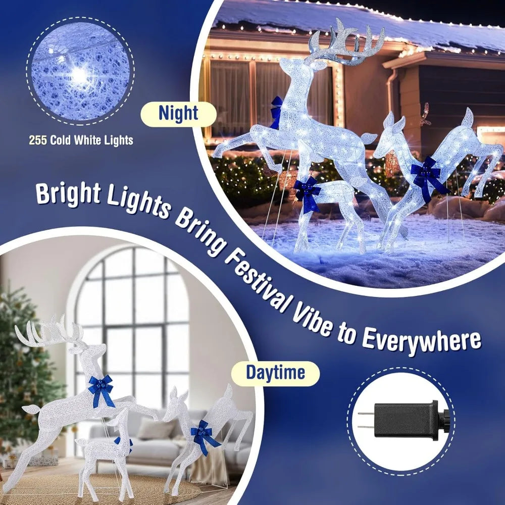 3 Pieces Lighted Christmas Reindeer, Holiday Reindeer Family Set with 255 Cold White Lights, Stakes, Indoor Outdoor Lighted Chr