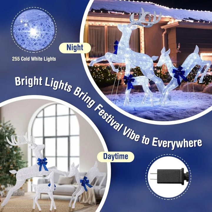 3 Pieces Lighted Christmas Reindeer, Holiday Reindeer Family Set with 255 Cold White Lights, Stakes, Indoor Outdoor Lighted Chr