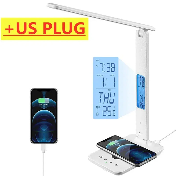 Wireless Charger Pad USB Fast Charging Station LED Desk Lamp Temperature Alarm Clock Eye Protect Study Business Light Table Lamp