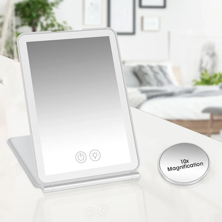 LED Makeup Mirror, Foldable Travel Cosmetic Mirror with Light, Touch Screen, Dimmable, 10X Magnifying Vanity Mirror