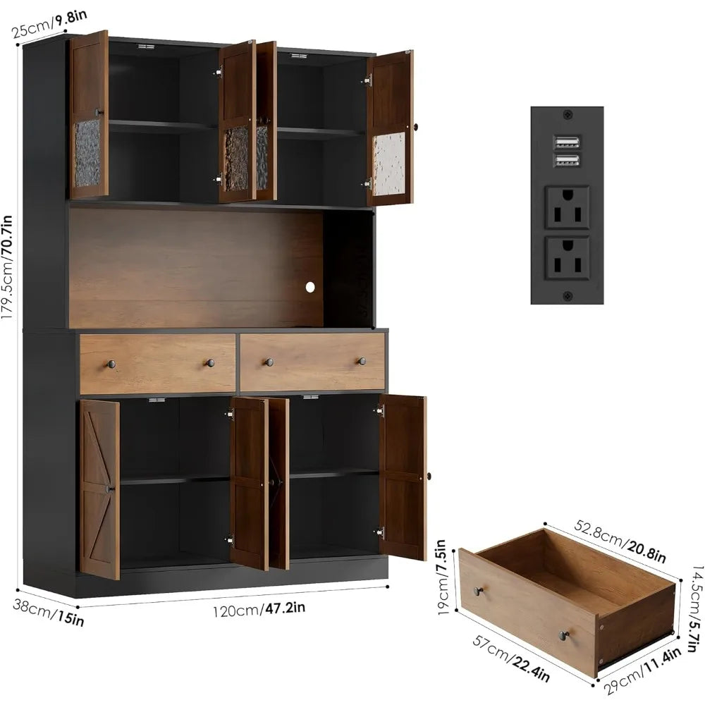 71" Pantry Cabinet with LED Light and Charging Station, Farmhouse Kitchen Pantry Cabinet with Microwave Stand, 47.2" W