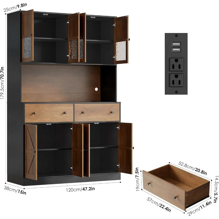 71" Pantry Cabinet with LED Light and Charging Station, Farmhouse Kitchen Pantry Cabinet with Microwave Stand, 47.2" W