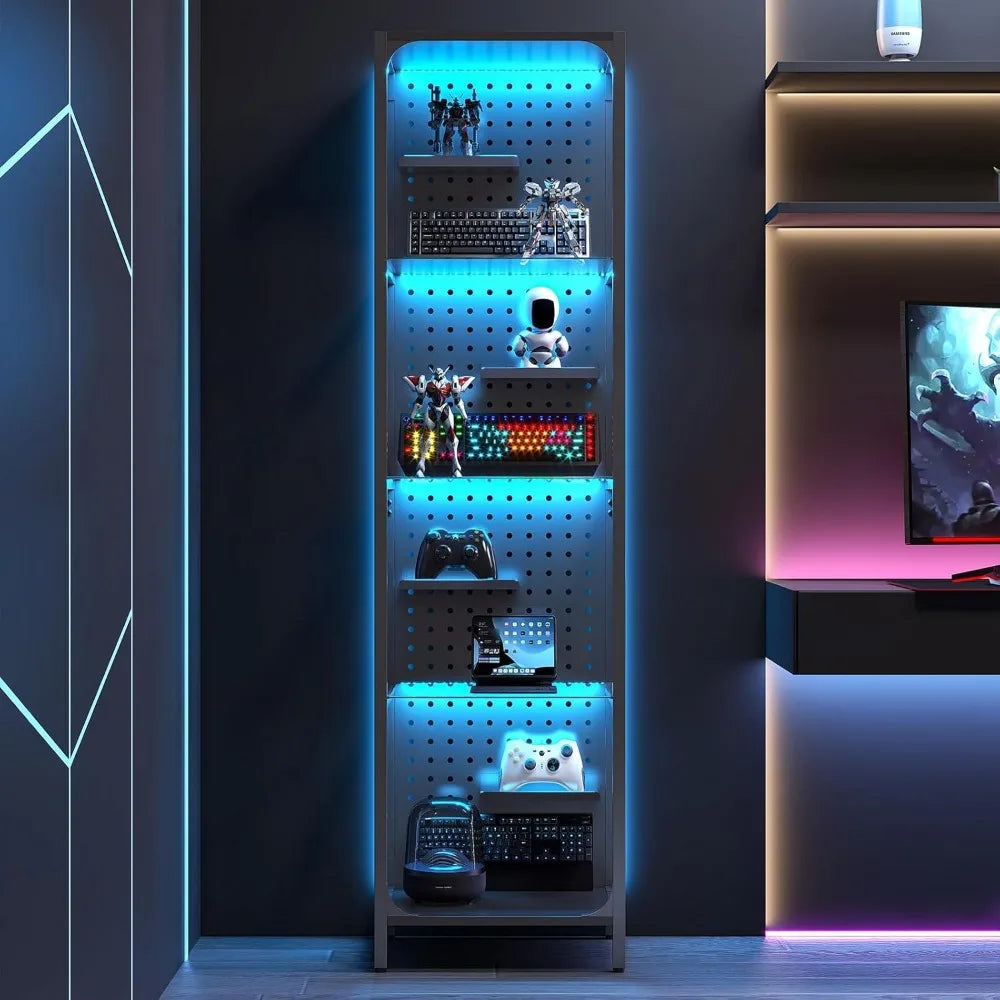 Glass Display Shelf for Collectibles, LED Black Curio Cabinet, Lighted Tall Narrow Pegboard Steel Frame for Gaming Room, Floor L