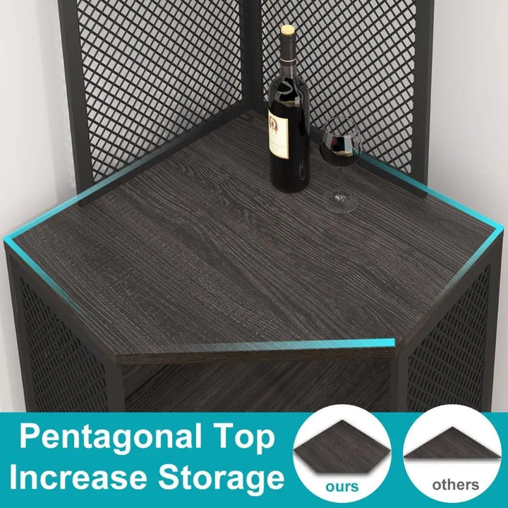Tall Corner Bar Cabinet, Large Wood and Metal Liquor Cabinet with Wine Rack, Industrial Corner Wine Cabinet with Adjustble Shel