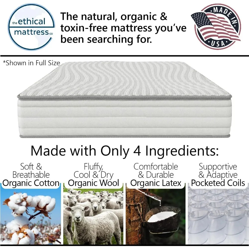 10" Toxin-Free Hybrid Mattress, Made in The USA with Organic Cotton, Wool, Latex & Pocketed Coils (No Fiberglass or Polyfoams)