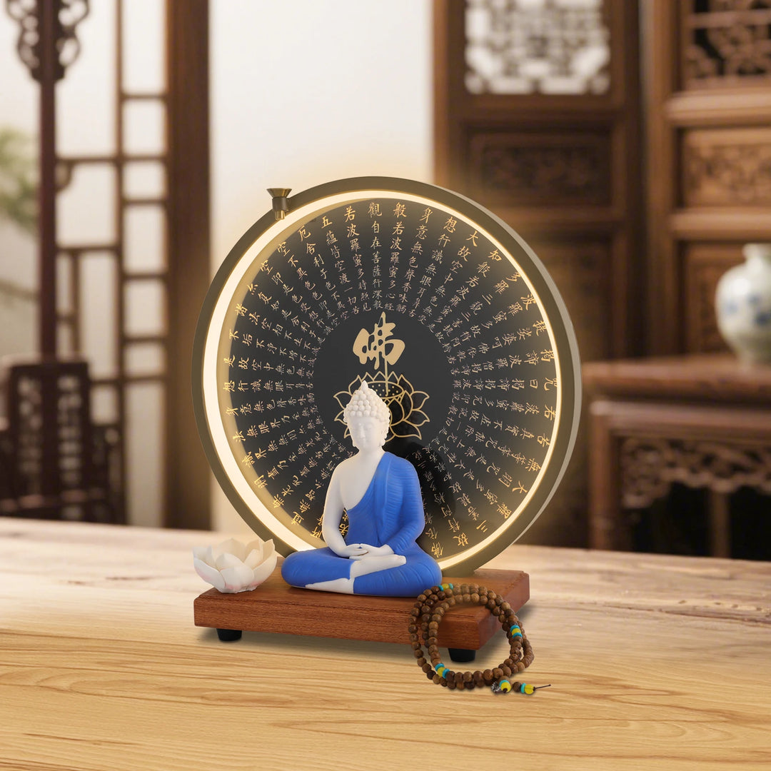 Ceramic Meditating Figurine with Circle LED Lamp – Decorative Sculpture for Home or Office, White/Red/Yellow/Blue, 11.8 x 4.7 x 13 in
