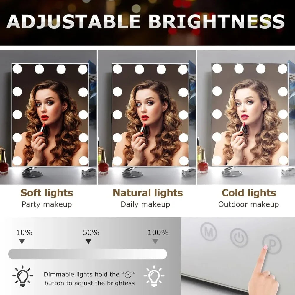 Tabletop Vanity Mirror with 12 LED Bulbs with 3 Color Lighting Modes, Bedroom, Bathroom Vanity Mirror, Touch Controls