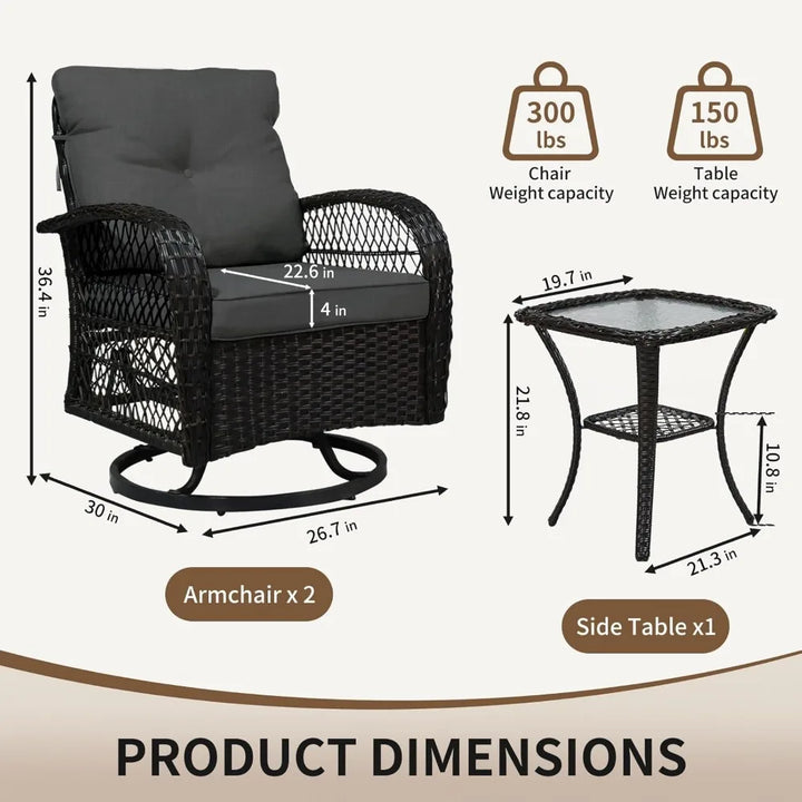 SHGJ&SOFT 3 Pieces Patio Furniture Set, Outdoor Wicker Patio Chairs with Thick Cushions and Glass Coffee Table, PE Rattan Conver