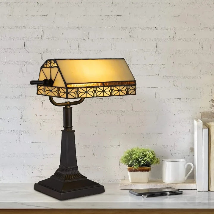 Tiffany-Style Bankers Lamp - Vintage-Looking Mission-Style Table or Desk LED Light with Stained Glass Shade (Dark Br