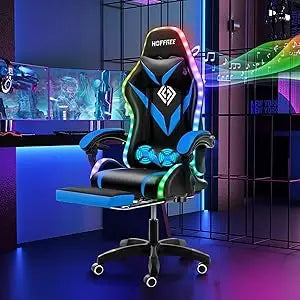 Ergonomic Gaming Chair with Massage, Bluetooth Speakers, LED Lights, and Footrest for Comfortable Video Gaming