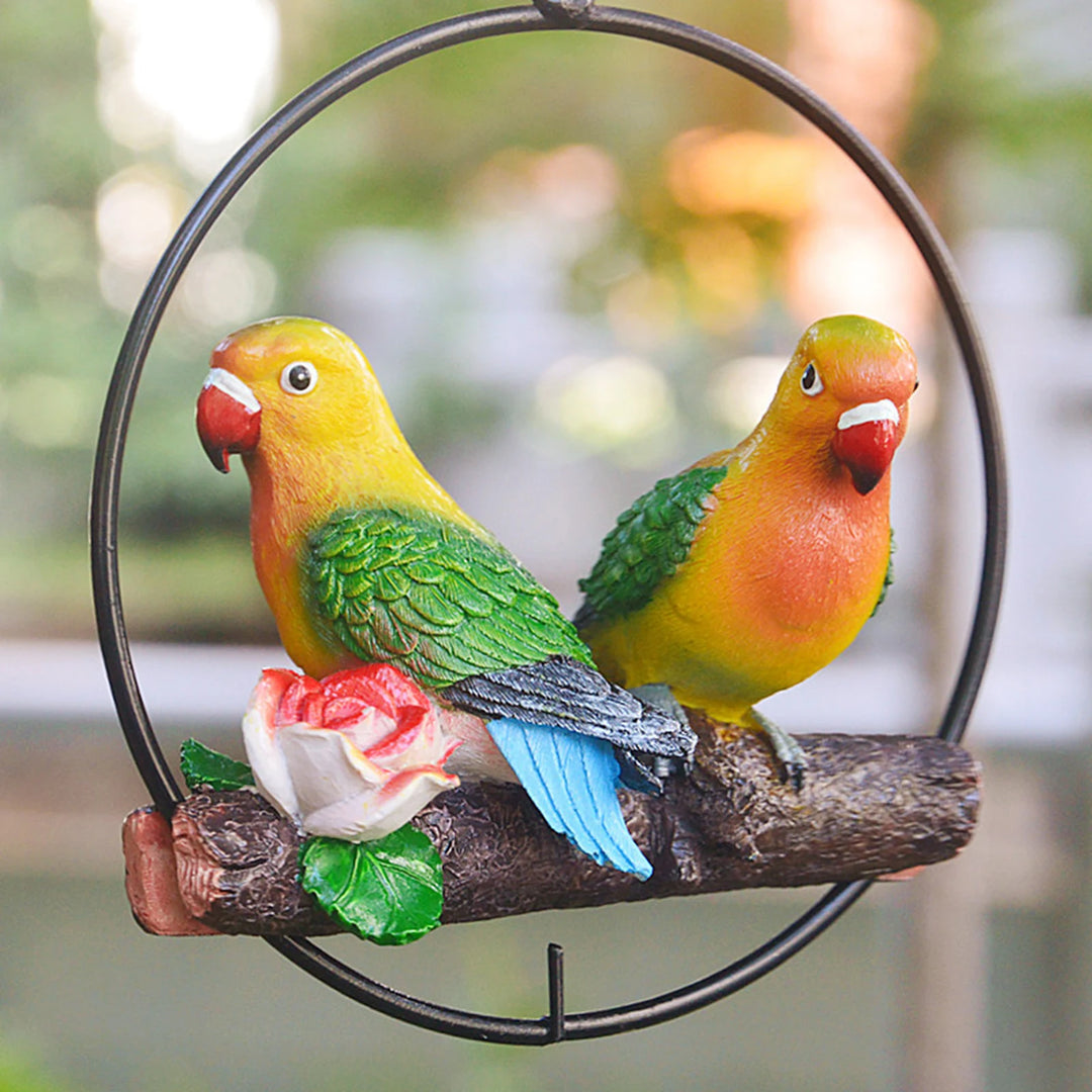 Hanging Double Parrot Statue On Iron Ring Resin Animal Sculpture Birds Garden Art Tree DIY Decor Outdoor Patio Yard Lawn Animal