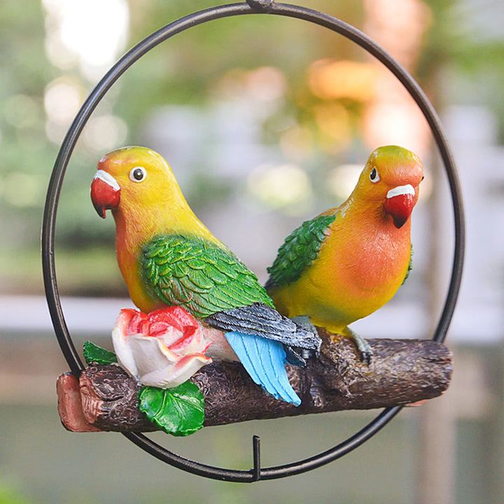 Hanging Double Parrot Statue On Iron Ring Resin Animal Sculpture Birds Garden Art Tree DIY Decor Outdoor Patio Yard Lawn Animal