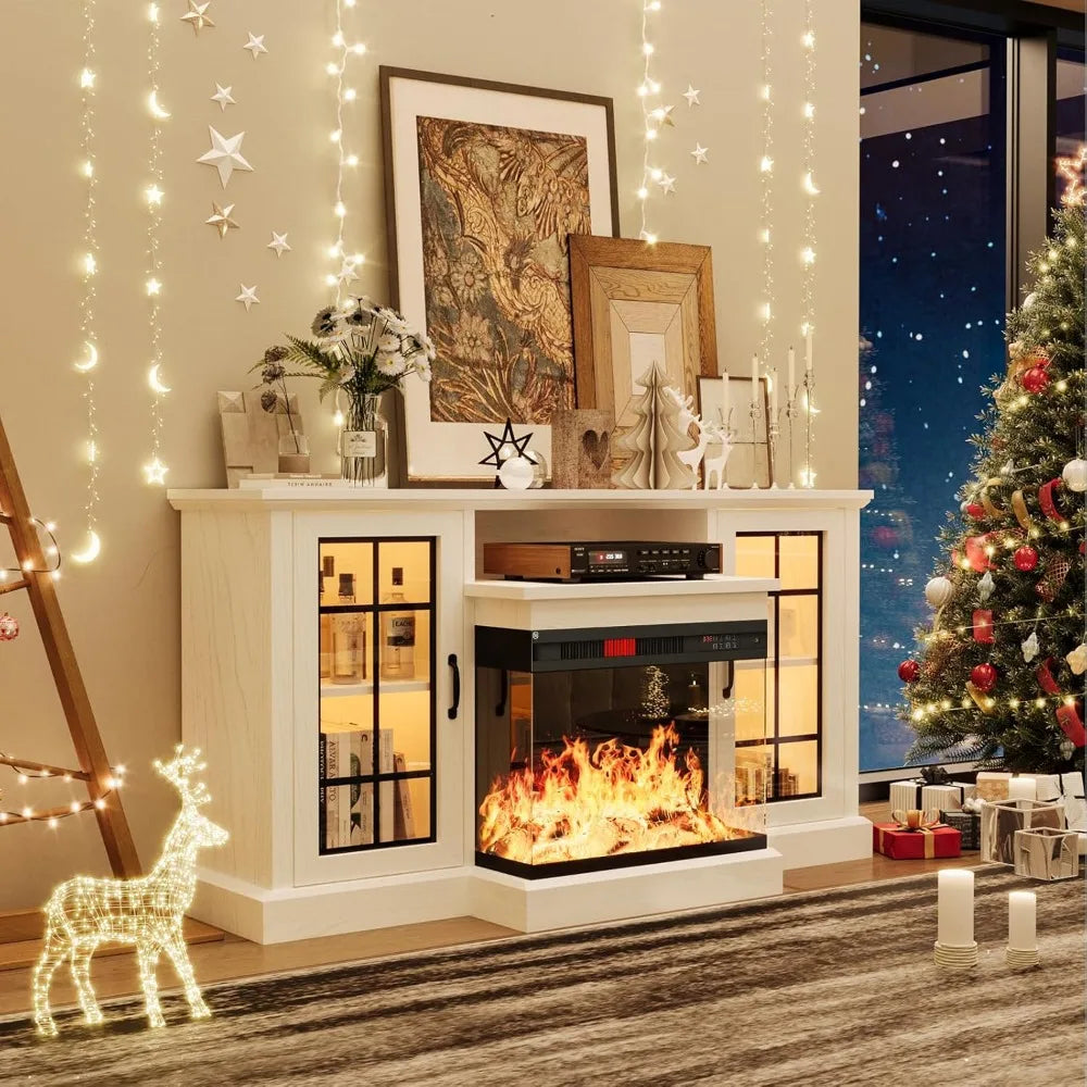 59'' Fireplace TV Stand, 3 Sided Glass Media Entertainment Center Console Table for TVs up to 65'' with Glass Door Adjustable F