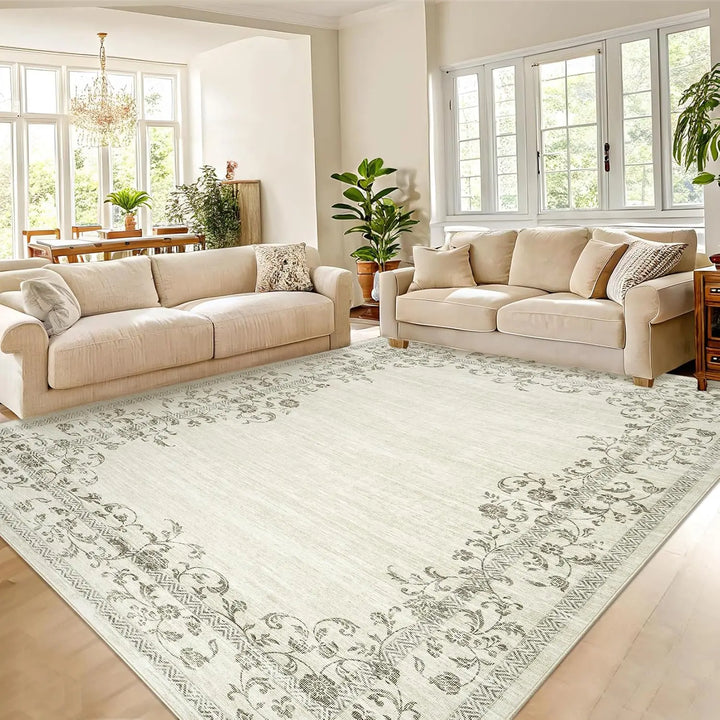 Washable Area Rug for Bedroom Farmhouse Rugs for Living Room Indoor Floral Bordered Large Rug Soft Carpet for Dining Room Office
