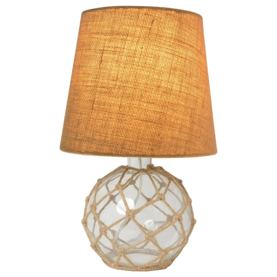 Buoy Rope Nautical Mesh Coastal Ocean Glass Table Lamp, woven from natural rope with a burlap shade
