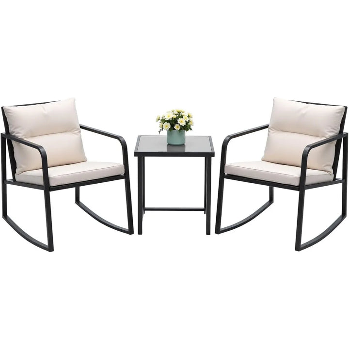 3 Piece Rocking Bistro Set Wicker Patio Outdoor Furniture Porch Chairs Conversation Sets with Glass Coffee Table (Beige)