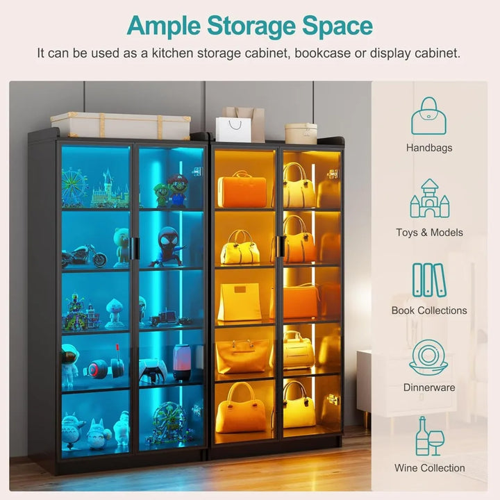 66" Display Cabinet with LED Lights, 5 Tier Curio Cabinet Bookcase with Adjustable Shelves, Tall Storage Cabinet with Human Bod