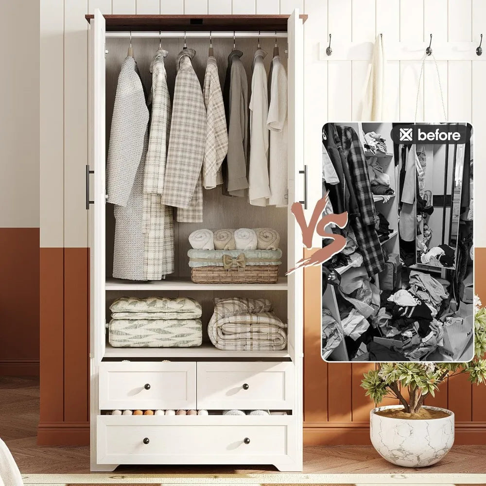 Wooden Wardrobe Closet,Versatile Storage Armoire Wardrobe Closet with Aluminum Alloy Hanging Rod, 2 Doors，3-Drawer and H