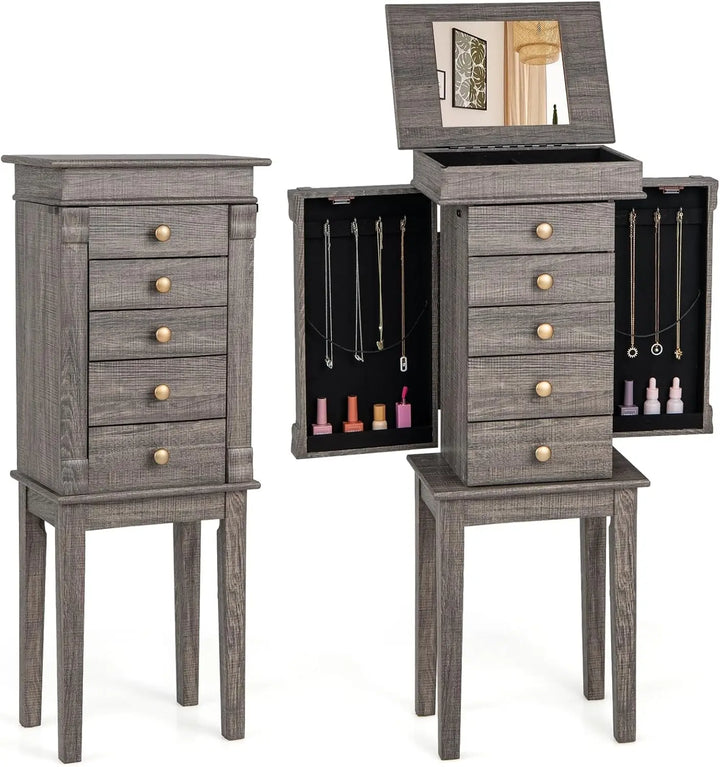 Jewelry Cabinet Armoire with 5 Drawers, 2 Side Doors with 8 Necklace Hooks, Top Flip Mirror, 4-Compartments Organizer, Standing