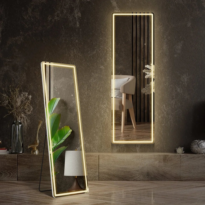 LED Full Length Mirror with Adjustable Brightness Aluminum Frame Wall Mounted Stand Free Standing High Definition Glass Bedroom