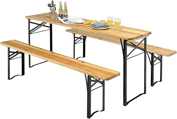 70” 3-Piece Portable Folding Picnic Table Bench Set, Portable Picnic Beer Table w/Wooden Tabletop, Outdoor Foldable
