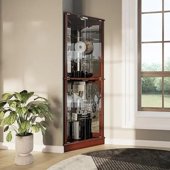 lighted corner display curio cabinet wooden shelving unit with tempered glass door, bar and liquor storage area with 6 shelves