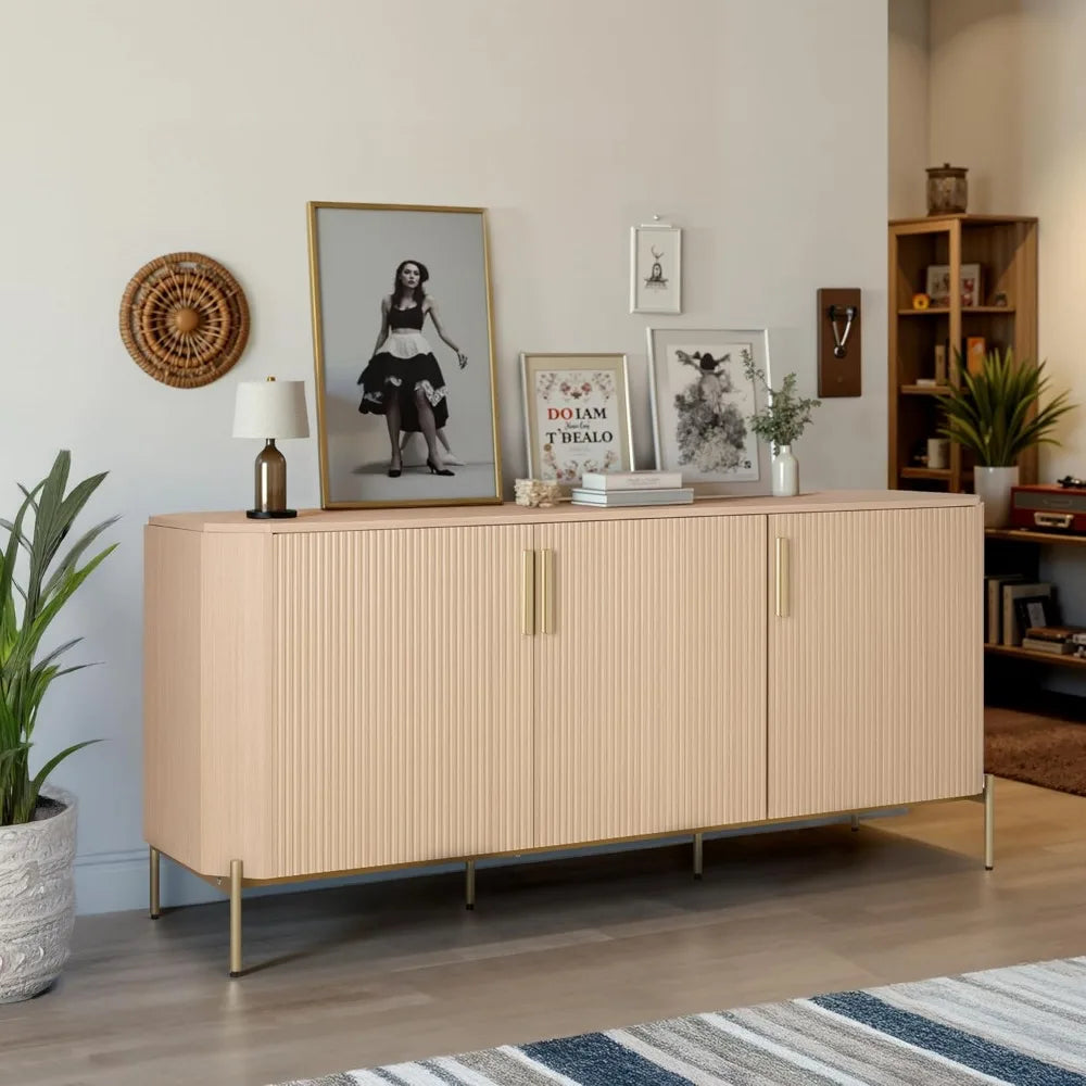 66.3" Sideboard Buffet Cabinet, Kitchen Storage Cabinet with Fluted Decorated Doors, Wooden Accent Console with 3 Doors for Liv
