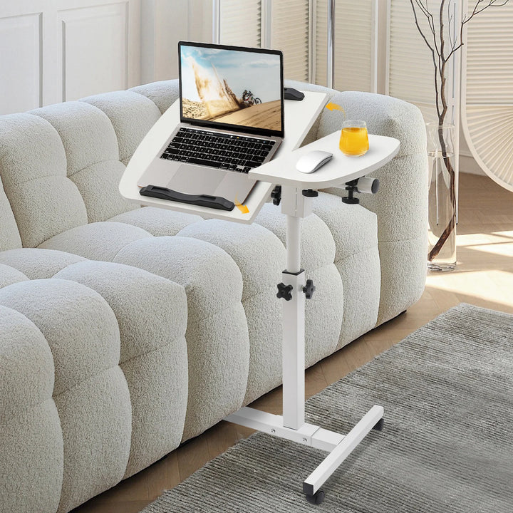 Height Adjustable White Computer Desk Stand with Wheels Adjustable Rolling Laptop Table Suitable for Bedroom, Living Room, Study