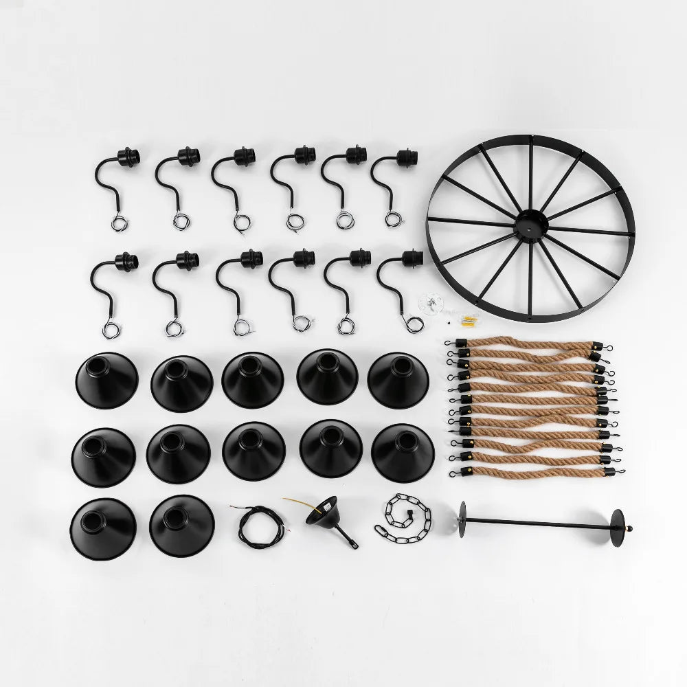 Bymaocar 12 Lights Hemp Rope Vintage Industrial Chandelier Ceiling Light Rustic Wheel Large Pendant Light Fixture Fit  Cafe Bar