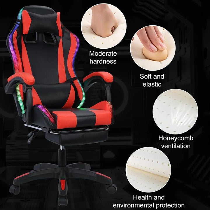 Gaming Chair, Massage Gaming Chair with Compatible Speakers and RGB LED Lights, Ergonomic Computer Gaming Chair  Black & Red