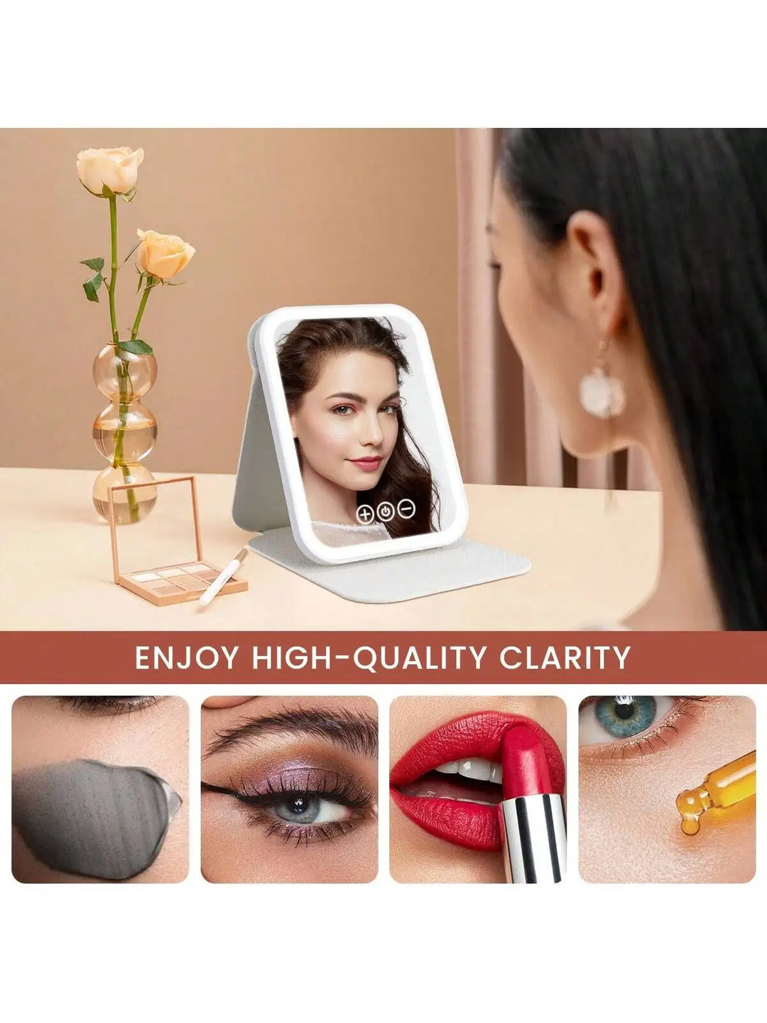 LED Makeup Mirror Portable Travel Lighted Beauty Mirror, 3 Color Lighting, Dimmable Touch Screen, Rechargeable Tabletop LED Fold
