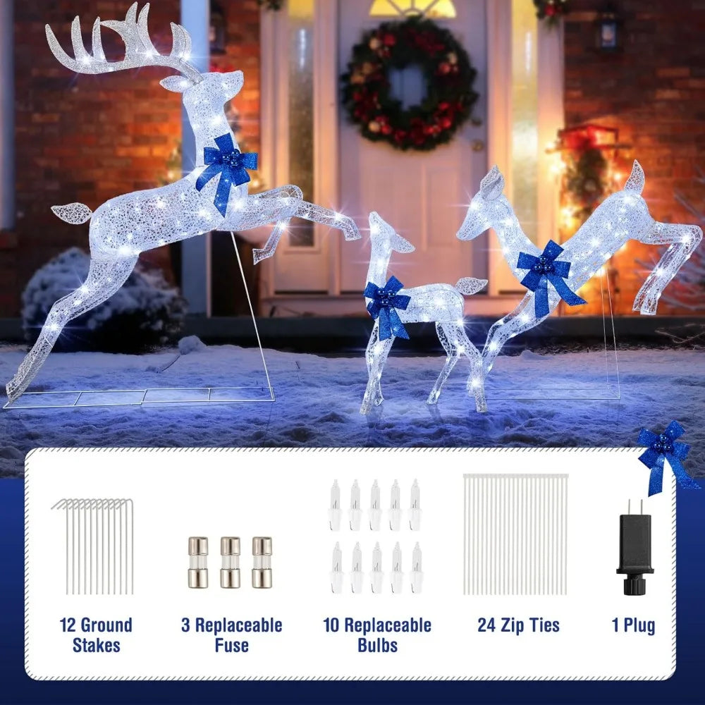 3 Pieces Lighted Christmas Reindeer, Holiday Reindeer Family Set with 255 Cold White Lights, Stakes, Indoor Outdoor Lighted Chr