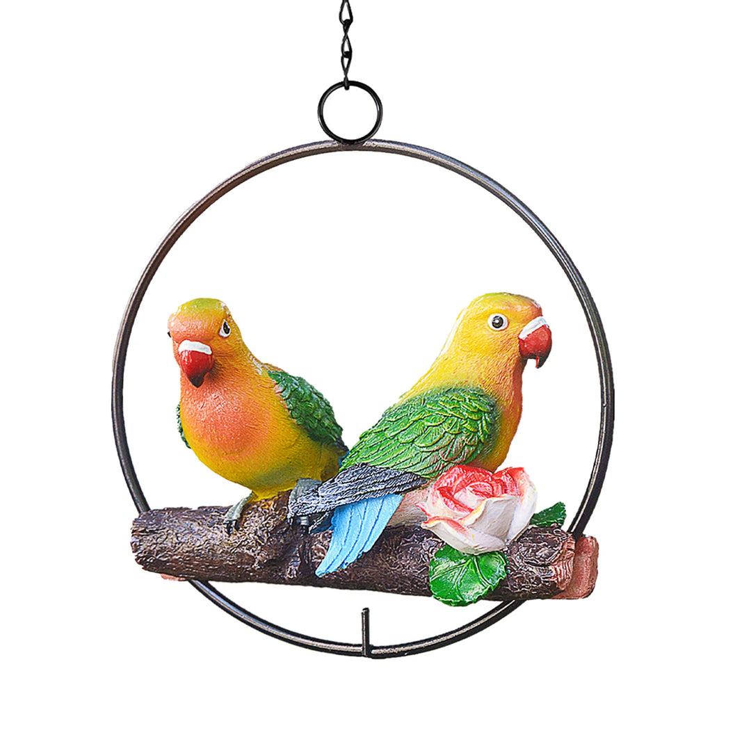 Hanging Double Parrot Statue On Iron Ring Resin Animal Sculpture Birds Garden Art Tree DIY Decor Outdoor Patio Yard Lawn Animal