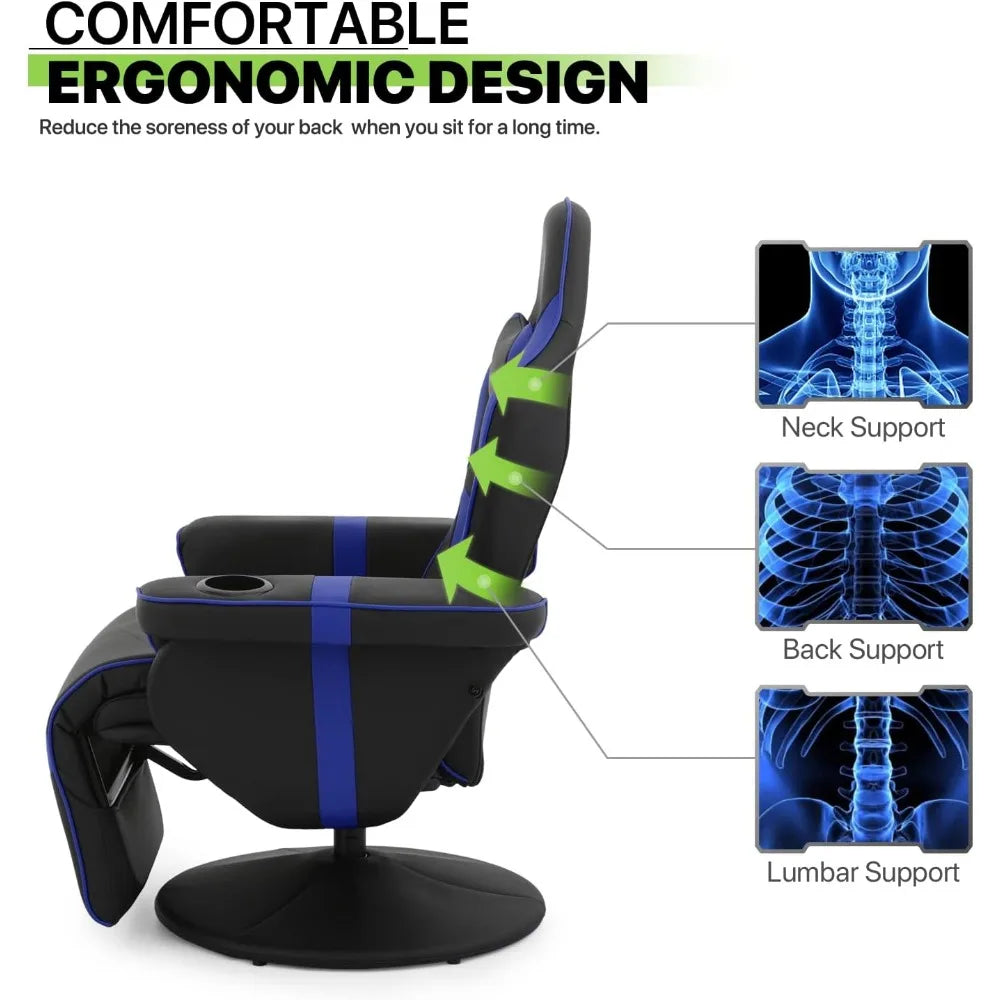 360° Swivel Gaming Recliner Chair, Ergonomic PU Leather Reclining Chair with Adjustable Backrest, Footrest, Cup Holder & Neck S