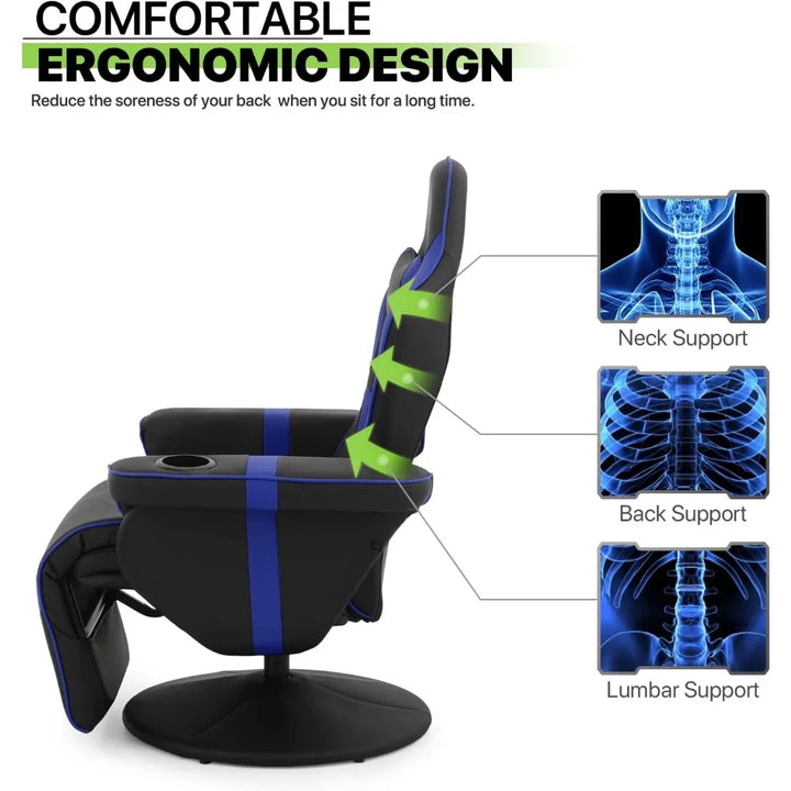 360° Swivel Gaming Recliner Chair, Ergonomic PU Leather Reclining Chair with Adjustable Backrest, Footrest, Cup Holder & Neck S