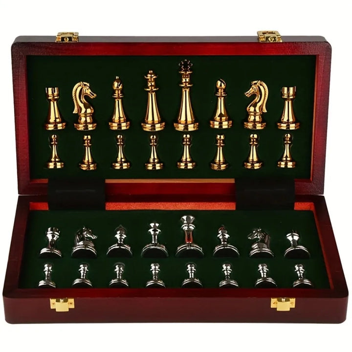 39cm Luxury Solid Wood Chess Set  Weighted Zinc Alloy Pieces, Folds for Easy Storage, Perfect Holiday Gift for Halloween Thanks