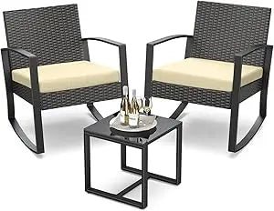 3 Pieces Patio Furniture Set Rocking Bistro Set Outdoor Rattan Conversation with Coffee Table for Garden Balcony Backyard Poolsi