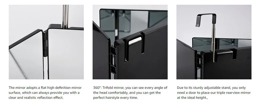 YINGHE 5 Way Mirror for Hair Cutting,Real Glass Adjustable Trifold Mirror with Light,Telescoping Hooks for Makeup and Styling