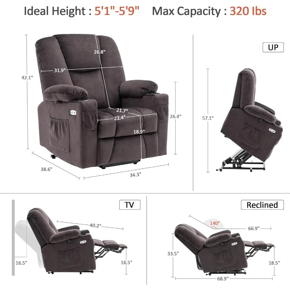 elderly-friendly power lift recliner sofa with extended footrest, 3 recline positions, handheld remote, 2 cup holders, and usb c