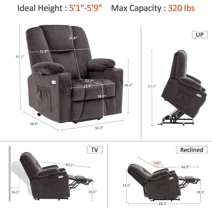 elderly-friendly power lift recliner sofa with extended footrest, 3 recline positions, handheld remote, 2 cup holders, and usb c