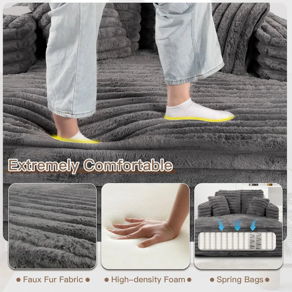 56"W Oversized Chaise Lounge Chair Indoor,Plush Faux Fur Sleeper Sofa Couch Bed with Pillows&Wide Armrest,Fluffy Comfy Cloud Sof