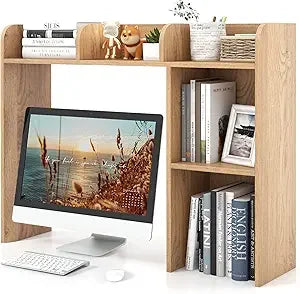 Desktop Bookshelf, Countertop Storage Hutch with 5 Shelves for Computer Desk, Desk 3-Tier Display Rack, Multipurpose Wood Deskt