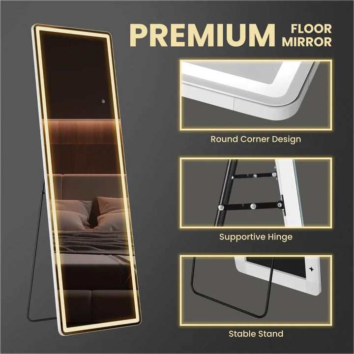 LED Full Length Mirror with Adjustable Brightness Aluminum Frame Wall Mounted Stand Free Standing High Definition Glass Bedroom